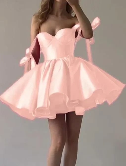 Beach Wedding A-Line Homecoming Dresses Corsets Dress Holiday Graduation Short / Mini Sleeveless Spaghetti StrapDress Satin with Bow(s)