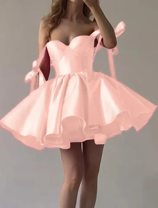 Beach Wedding A-Line Homecoming Dresses Corsets Dress Holiday Graduation Short / Mini Sleeveless Spaghetti StrapDress Satin with Bow(s)