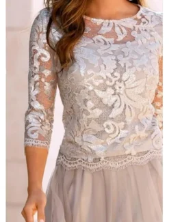 Beach Wedding A-Line Mother of the Bride Dress Wedding Guest Elegant See Through Jewel Neck Knee Length Chiffon Lace Tulle 3/4 Length Sleeve with Pleats Appliques free custom size