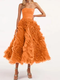 Beach Wedding A-Line Prom Dresses Floral Dress Wedding Guest Quinceanera Ankle Length Sleeveless Strapless Tulle Backless with Ruched