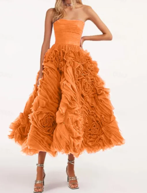 Beach Wedding A-Line Prom Dresses Floral Dress Wedding Guest Quinceanera Ankle Length Sleeveless Strapless Tulle Backless with Ruched