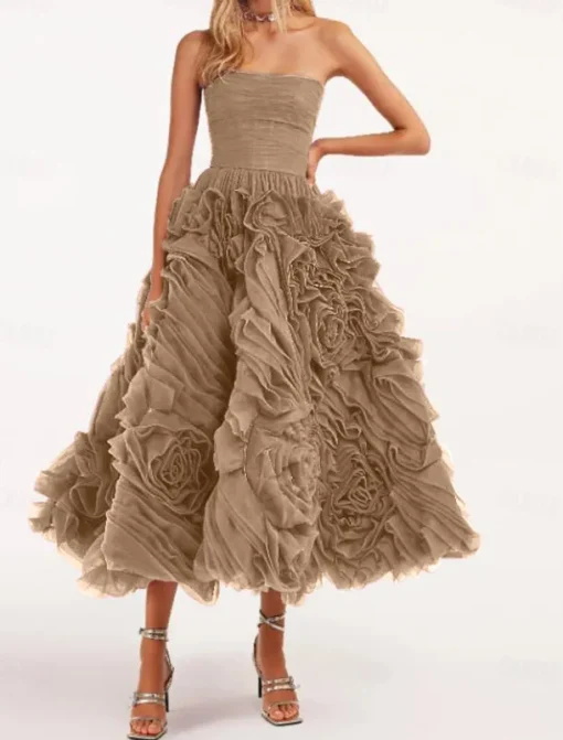 Beach Wedding A-Line Prom Dresses Floral Dress Wedding Guest Quinceanera Ankle Length Sleeveless Strapless Tulle Backless with Ruched