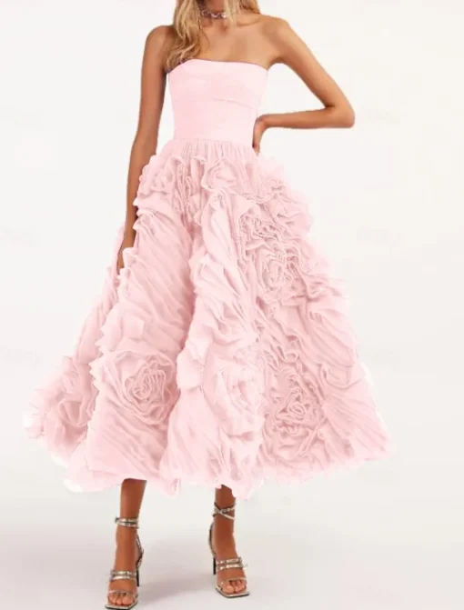 Beach Wedding A-Line Prom Dresses Floral Dress Wedding Guest Quinceanera Ankle Length Sleeveless Strapless Tulle Backless with Ruched