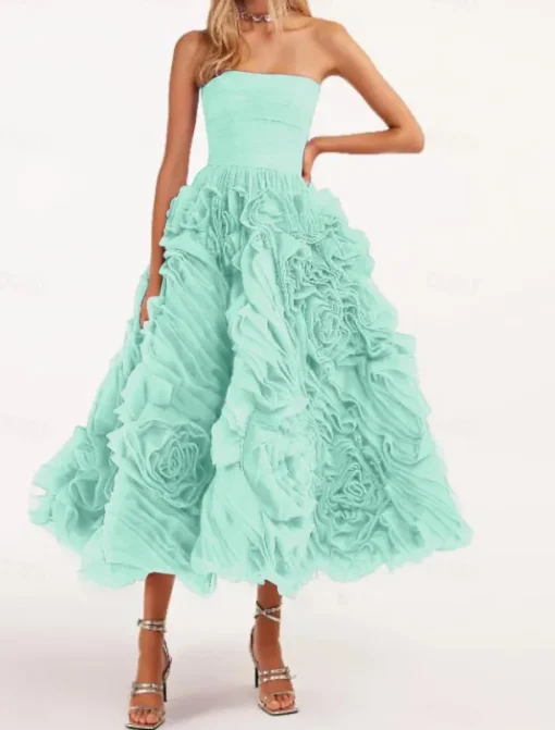 Beach Wedding A-Line Prom Dresses Floral Dress Wedding Guest Quinceanera Ankle Length Sleeveless Strapless Tulle Backless with Ruched