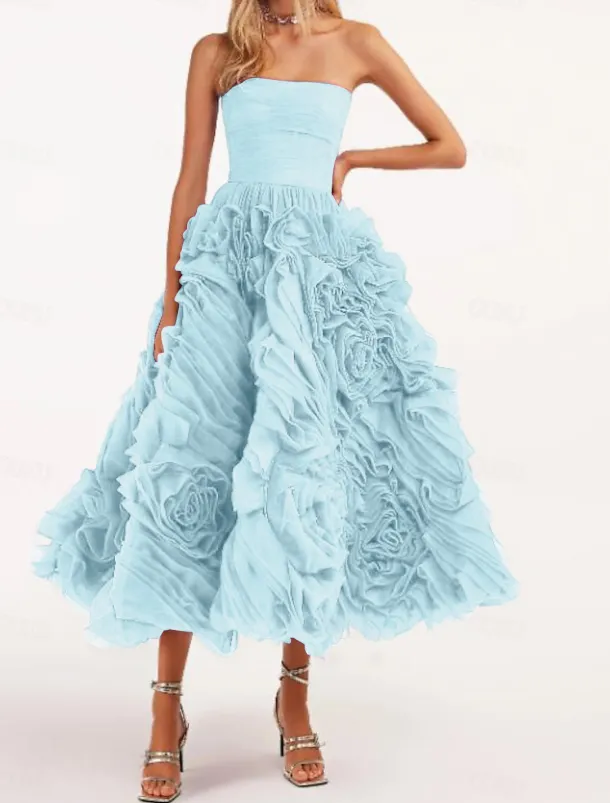 Beach Wedding A-Line Prom Dresses Floral Dress Wedding Guest Quinceanera Ankle Length Sleeveless Strapless Tulle Backless with Ruched