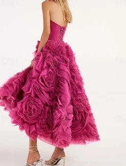 Beach Wedding A-Line Prom Dresses Floral Dress Wedding Guest Quinceanera Ankle Length Sleeveless Strapless Tulle Backless with Ruched