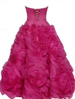 Beach Wedding A-Line Prom Dresses Floral Dress Wedding Guest Quinceanera Ankle Length Sleeveless Strapless Tulle Backless with Ruched