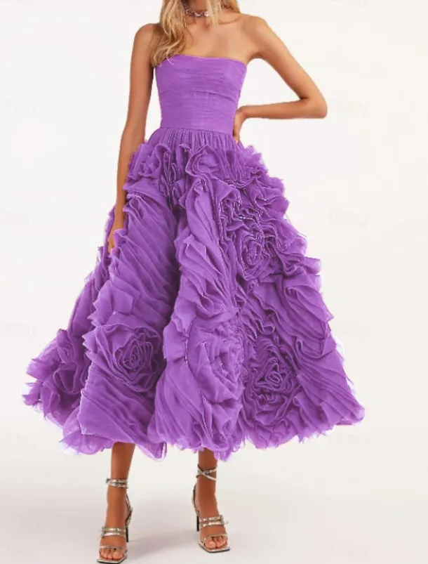 Beach Wedding A-Line Prom Dresses Floral Dress Wedding Guest Quinceanera Ankle Length Sleeveless Strapless Tulle Backless with Ruched