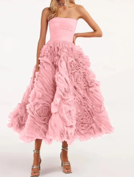 Beach Wedding A-Line Prom Dresses Floral Dress Wedding Guest Quinceanera Ankle Length Sleeveless Strapless Tulle Backless with Ruched