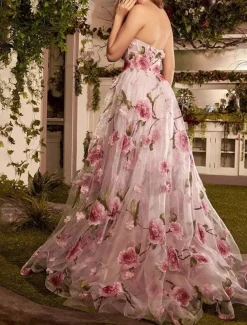 Beach Wedding A-Line Prom Dresses Floral Dress Wedding Guest Wedding Party Court Train Sleeveless Strapless Organza with Slit Appliques