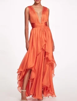 Beach Wedding A-Line Prom Dresses Elegant Dress Formal Summer Asymmetrical Sleeveless V Neck Chiffon with Ruched