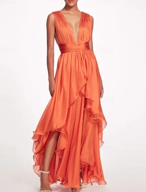 Beach Wedding A-Line Prom Dresses Elegant Dress Formal Summer Asymmetrical Sleeveless V Neck Chiffon with Ruched
