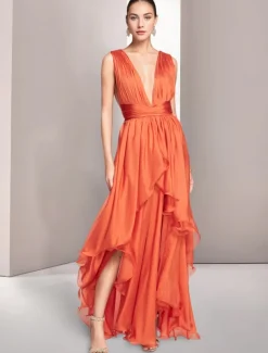 Beach Wedding A-Line Prom Dresses Elegant Dress Formal Summer Asymmetrical Sleeveless V Neck Chiffon with Ruched