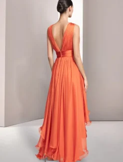 Beach Wedding A-Line Prom Dresses Elegant Dress Formal Summer Asymmetrical Sleeveless V Neck Chiffon with Ruched