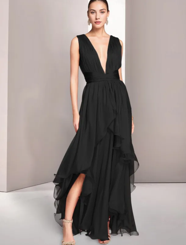 Beach Wedding A-Line Prom Dresses Elegant Dress Formal Summer Asymmetrical Sleeveless V Neck Chiffon with Ruched