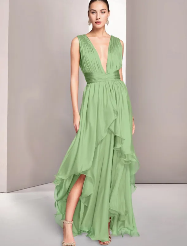 Beach Wedding A-Line Prom Dresses Elegant Dress Formal Summer Asymmetrical Sleeveless V Neck Chiffon with Ruched