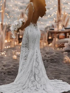 Beach Wedding Beach Open Back Sexy Boho Wedding Dresses Mermaid V Neck Sleeveless Court Train Lace Bridal Gowns With Appliques