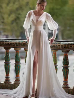 Beach Wedding Beach Vintage Formal Wedding Dresses A-Line V Neck Long Sleeve Court Train Chiffon Bridal Gowns With Solid Color