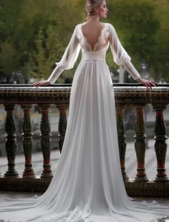 Beach Wedding Beach Vintage Formal Wedding Dresses A-Line V Neck Long Sleeve Court Train Chiffon Bridal Gowns With Solid Color