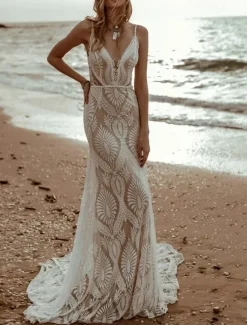 Beach Wedding Beach Vintage Open Back Wedding Dresses Mermaid Camisole V Neck Sleeveless Sweep / Brush Train Chiffon Bridal Gowns With Pleats Solid Color