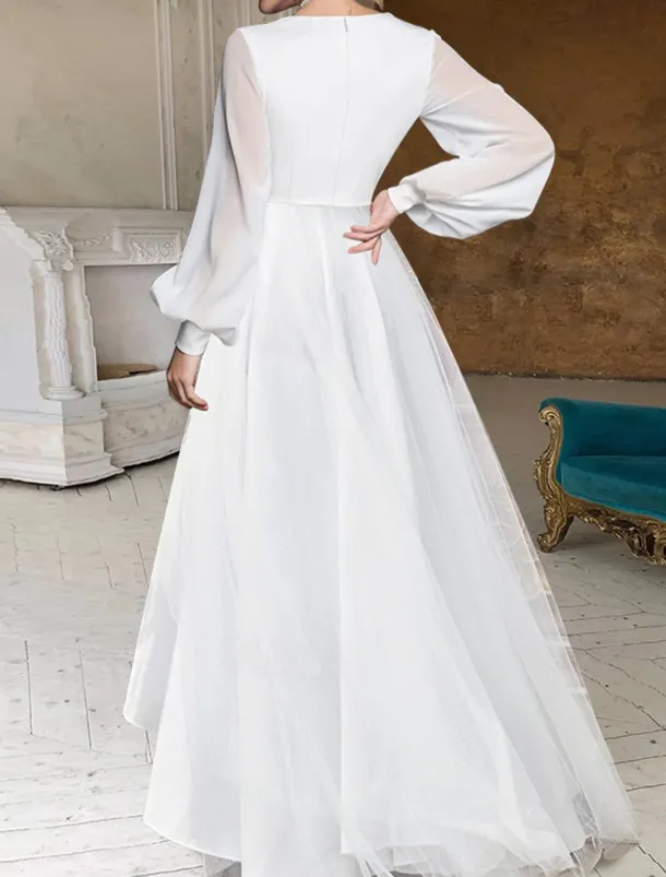 Beach Wedding Bridal Shower Little White Dress Bridal Shower Dresses Casual Wedding Dresses A-Line V Neck Long Sleeve Asymmetrical Chiffon Bridal Gowns With Solid Color