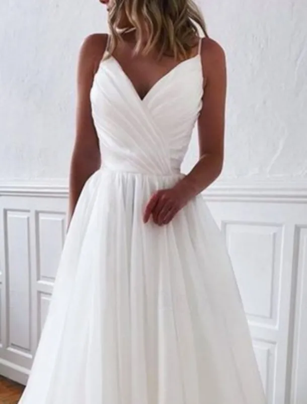 Beach Wedding Casual Simple Wedding Dresses Wedding Dresses Sheath Camisole Sleeveless Court Train Chiffon Bridal Gowns With Pleats