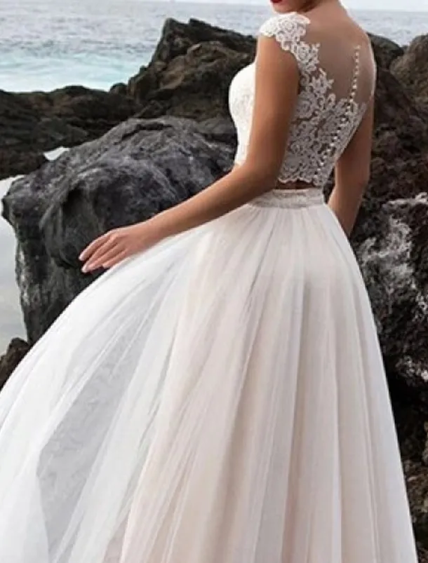 Beach Wedding Hall Casual Wedding Dresses Separates Illusion Neck Cap Sleeve Separates Lace Bridal Tops Bridal Gowns With Appliques