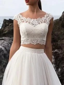 Beach Wedding Hall Casual Wedding Dresses Separates Illusion Neck Cap Sleeve Separates Lace Bridal Tops Bridal Gowns With Appliques