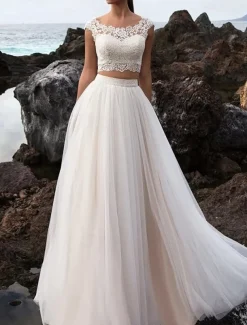 Beach Wedding Hall Casual Wedding Dresses Separates Illusion Neck Cap Sleeve Separates Lace Bridal Tops Bridal Gowns With Appliques