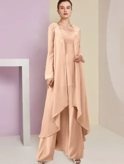 Beach Wedding Jumpsuit / Pantsuit 3 Piece Mother of the Bride Formal Wedding Guest Elegant V Neck Floor Length Chiffon Lace Sleeveless Wrap Included with Beading Appliques