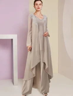 Beach Wedding Jumpsuit / Pantsuit 3 Piece Mother of the Bride Formal Wedding Guest Elegant V Neck Floor Length Chiffon Lace Sleeveless Wrap Included with Beading Appliques