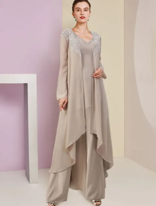 Beach Wedding Jumpsuit / Pantsuit 3 Piece Mother of the Bride Formal Wedding Guest Elegant V Neck Floor Length Chiffon Lace Sleeveless Wrap Included with Beading Appliques