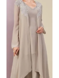 Beach Wedding Jumpsuit / Pantsuit 3 Piece Mother of the Bride Formal Wedding Guest Elegant V Neck Floor Length Chiffon Lace Sleeveless Wrap Included with Beading Appliques