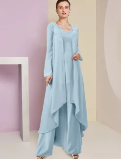 Beach Wedding Jumpsuit / Pantsuit 3 Piece Mother of the Bride Formal Wedding Guest Elegant V Neck Floor Length Chiffon Lace Sleeveless Wrap Included with Beading Appliques
