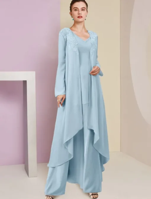 Beach Wedding Jumpsuit / Pantsuit 3 Piece Mother of the Bride Formal Wedding Guest Elegant V Neck Floor Length Chiffon Lace Sleeveless Wrap Included with Beading Appliques