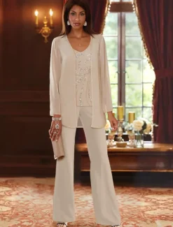Beach Wedding Jumpsuit / Pantsuit 3 Piece Mother of the Bride Formal Wedding Guest Elegant Luxurious V Neck Floor Length Chiffon Lace Sleeveless Wrap Included with Beading Sequin