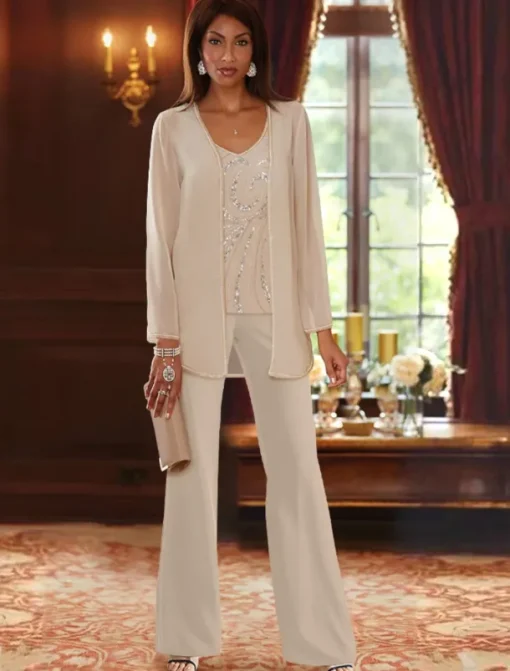 Beach Wedding Jumpsuit / Pantsuit 3 Piece Mother of the Bride Formal Wedding Guest Elegant Luxurious V Neck Floor Length Chiffon Lace Sleeveless Wrap Included with Beading Sequin