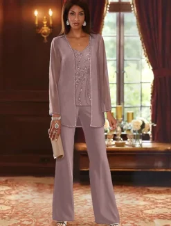 Beach Wedding Jumpsuit / Pantsuit 3 Piece Mother of the Bride Formal Wedding Guest Elegant Luxurious V Neck Floor Length Chiffon Lace Sleeveless Wrap Included with Beading Sequin