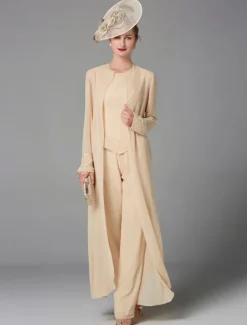 Beach Wedding Jumpsuit / Pantsuit 3 Piece Mother of the Bride Formal Wedding Guest Elegant Plus Size Wrap Included Bateau Neck Floor Length Chiffon Long Sleeve Wrap Included with Beading