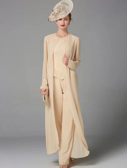 Beach Wedding Jumpsuit / Pantsuit 3 Piece Mother of the Bride Formal Wedding Guest Elegant Plus Size Wrap Included Bateau Neck Floor Length Chiffon Long Sleeve Wrap Included with Beading
