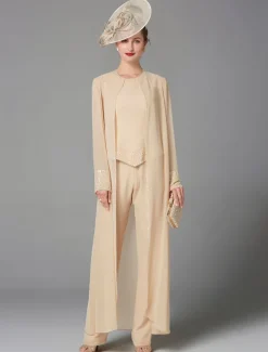 Beach Wedding Jumpsuit / Pantsuit 3 Piece Mother of the Bride Formal Wedding Guest Elegant Plus Size Wrap Included Bateau Neck Floor Length Chiffon Long Sleeve Wrap Included with Beading