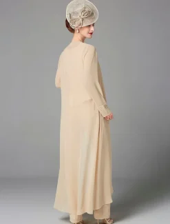 Beach Wedding Jumpsuit / Pantsuit 3 Piece Mother of the Bride Formal Wedding Guest Elegant Plus Size Wrap Included Bateau Neck Floor Length Chiffon Long Sleeve Wrap Included with Beading