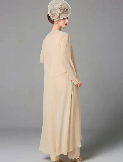 Beach Wedding Jumpsuit / Pantsuit 3 Piece Mother of the Bride Formal Wedding Guest Elegant Plus Size Wrap Included Bateau Neck Floor Length Chiffon Long Sleeve Wrap Included with Beading