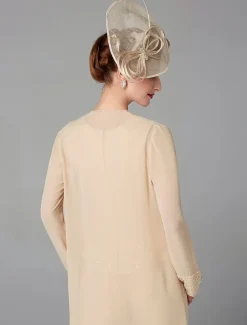 Beach Wedding Jumpsuit / Pantsuit 3 Piece Mother of the Bride Formal Wedding Guest Elegant Plus Size Wrap Included Bateau Neck Floor Length Chiffon Long Sleeve Wrap Included with Beading