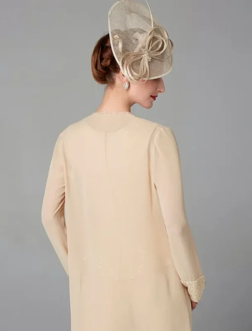 Beach Wedding Jumpsuit / Pantsuit 3 Piece Mother of the Bride Formal Wedding Guest Elegant Plus Size Wrap Included Bateau Neck Floor Length Chiffon Long Sleeve Wrap Included with Beading