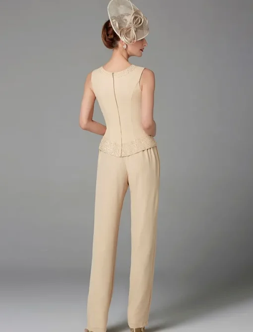 Beach Wedding Jumpsuit / Pantsuit 3 Piece Mother of the Bride Formal Wedding Guest Elegant Plus Size Wrap Included Bateau Neck Floor Length Chiffon Long Sleeve Wrap Included with Beading