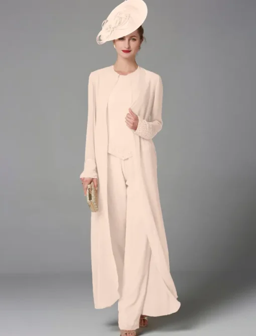 Beach Wedding Jumpsuit / Pantsuit 3 Piece Mother of the Bride Formal Wedding Guest Elegant Plus Size Wrap Included Bateau Neck Floor Length Chiffon Long Sleeve Wrap Included with Beading