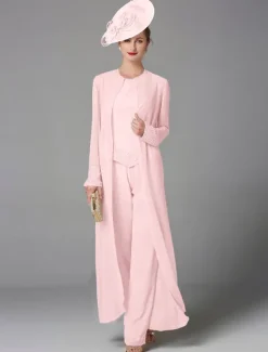 Beach Wedding Jumpsuit / Pantsuit 3 Piece Mother of the Bride Formal Wedding Guest Elegant Plus Size Wrap Included Bateau Neck Floor Length Chiffon Long Sleeve Wrap Included with Beading