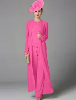 Beach Wedding Jumpsuit / Pantsuit 3 Piece Mother of the Bride Formal Wedding Guest Elegant Plus Size Wrap Included Bateau Neck Floor Length Chiffon Long Sleeve Wrap Included with Beading