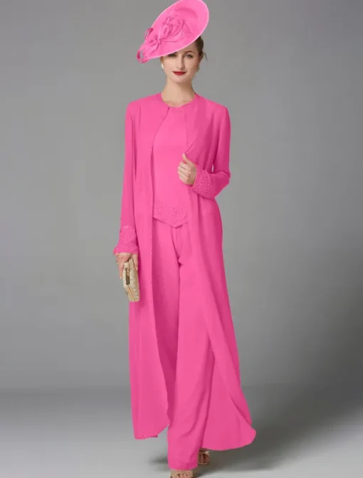 Beach Wedding Jumpsuit / Pantsuit 3 Piece Mother of the Bride Formal Wedding Guest Elegant Plus Size Wrap Included Bateau Neck Floor Length Chiffon Long Sleeve Wrap Included with Beading